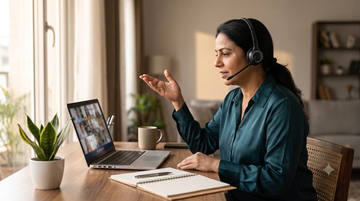 A mother leading a video-call presentation from home