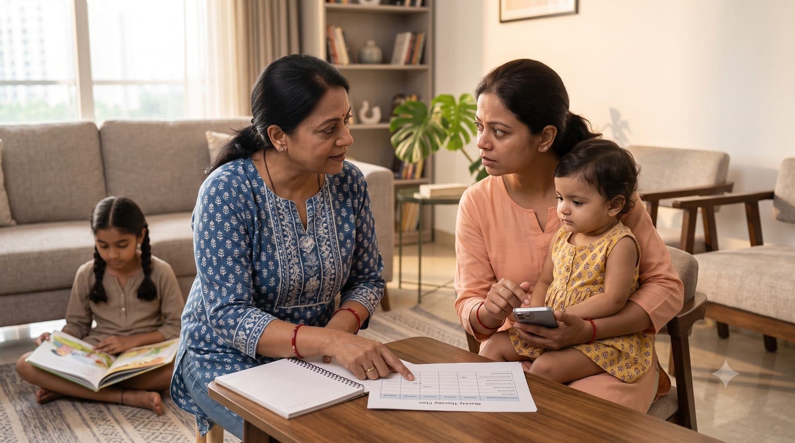 An experienced mother guiding another mother through her child's therapy plan
