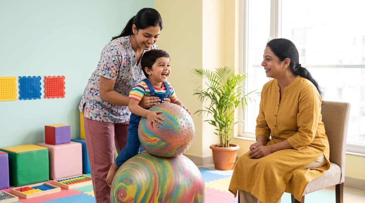 A child laughing during a therapy session while the mother watches