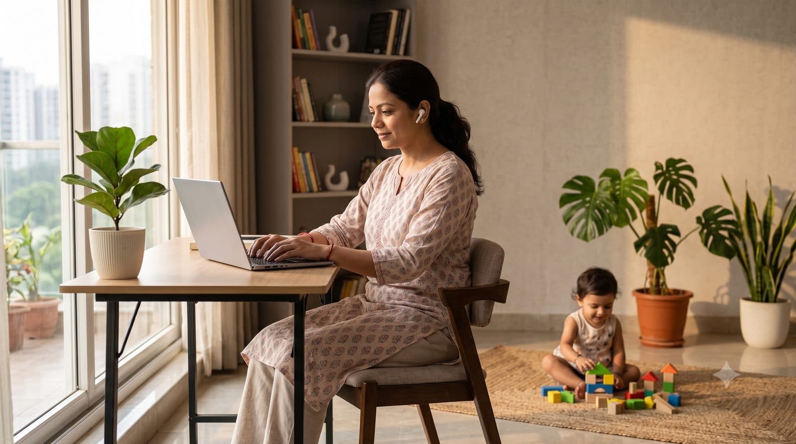 A mother working from home